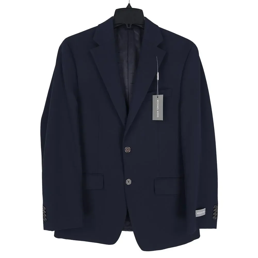 Michael Kors Mens Classic Fit Sport Coat Blazer 44L Navy Solid Textured Stretch